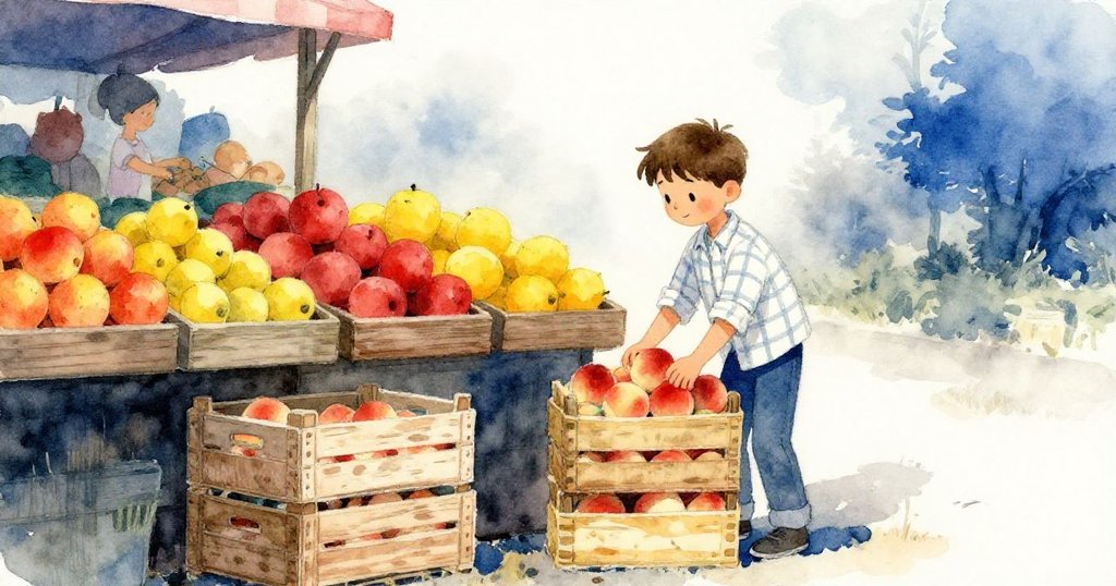 Dale在晨霧中於戶外市場調整排列成對角條紋的蜜桃木箱，展現了早晨的寧靜與神秘氛圍。