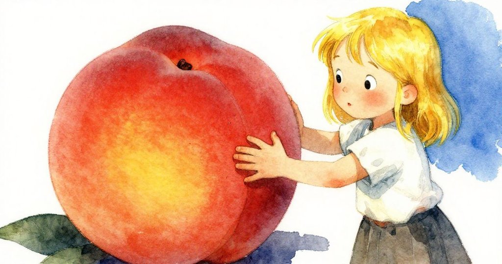 Holly在果攤前近距離輕觸蜜桃，感受果香並露出驚喜好奇表情，背景隱約呈現溫暖市場氛圍。