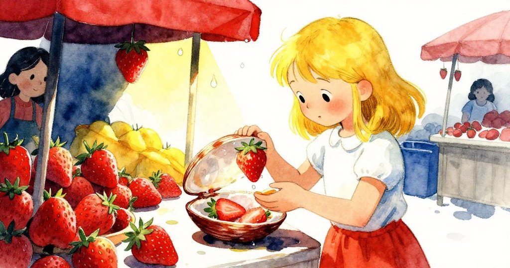 Holly在果攤中小心打開覆著露珠的草莓盒，發現隱藏濕漬，展現市場中細膩又驚喜的發現。