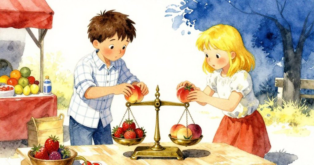 Dale與Holly在復古銅製天平前默契合作放置蜜桃和草莓，臉上展現專注和滿足，演繹出攤位平衡時刻。