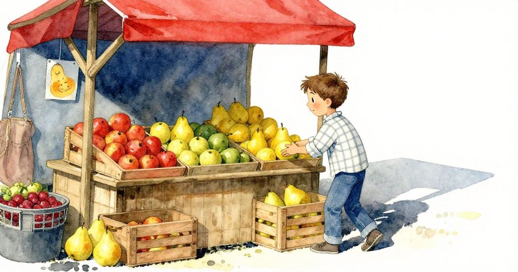 Dale獨自在明亮的戶外市場中走向整齊果箱，溫柔放入一顆梨，象徵著故事完美和諧的結尾與新起點。