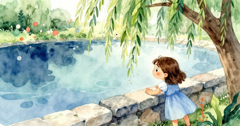 露西婭站在池邊石欄杆前，伸手觸摸濕潤表面，柳樹下的陰影和水面反光營造出神秘氛圍，她臉上充滿好奇。