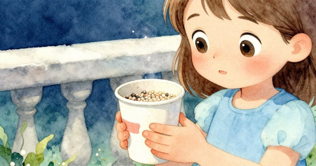 露西婭專注地用手捧著破損紙杯，杯沿濕潤且細膩可見磨損痕跡，呈現出物件歷史感，情緒溫柔。