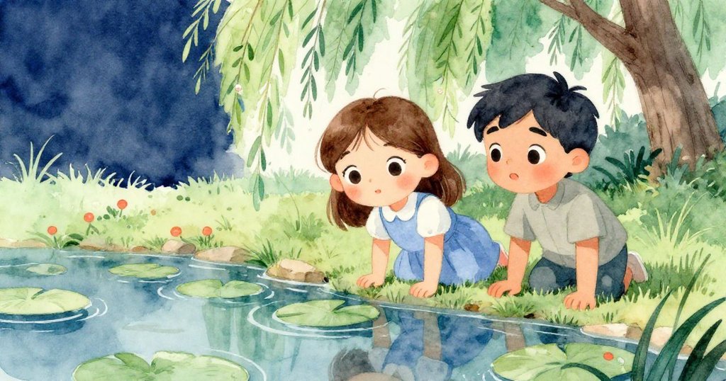 露西婭與弗洛伊德並肩注視池塘，前景蓮葉浮動、水中微瀾展現層次感，兩人神情專注充滿驚奇。