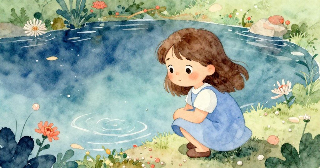 露西婭蹲在池邊，輕放下落的彈珠，周圍飄落如菊花的花瓣營造出溫馨秋日懷舊氛圍，神情沉思。