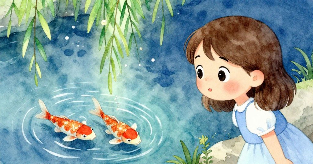 露西婭凝望水面，落下的彈珠激起圈圈漣漪，隱藏中錦鯉閃耀銅光現身，她眼神充滿驚奇與期待。