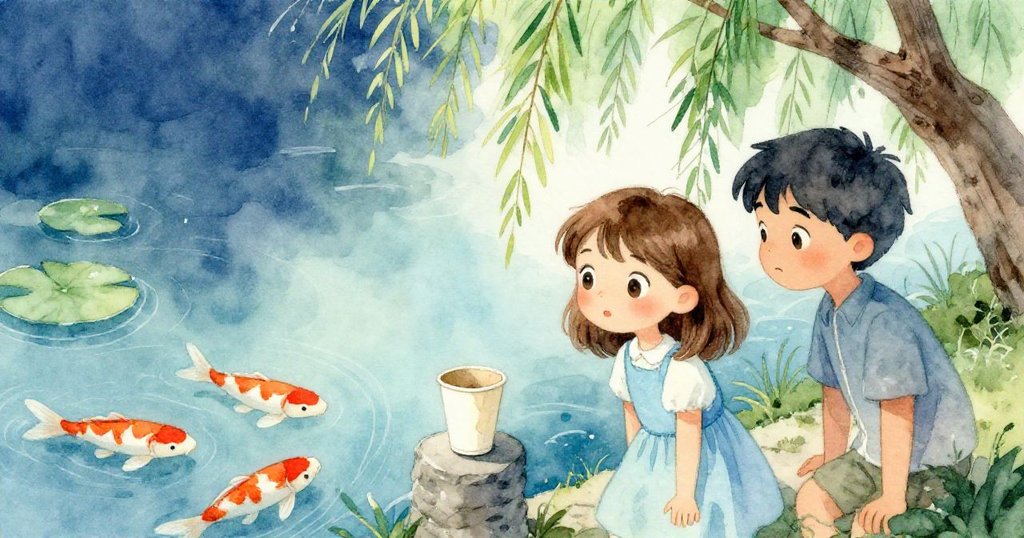 露西婭與弗洛伊德站在寧靜池畔，紙杯散落在石柱旁，悠遊錦鯉穿梭水面，整體景象溫和平靜，充滿結局感。