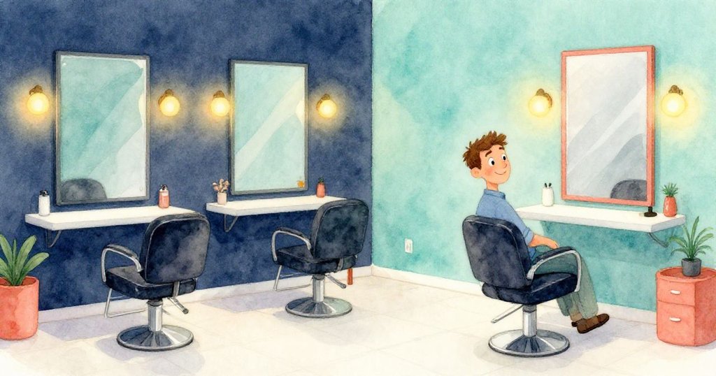 山姆坐在旋轉椅上輕輕轉動，身處充滿其他顧客熱鬧的現代美髮沙龍，燈光溫暖，神情充滿期待。