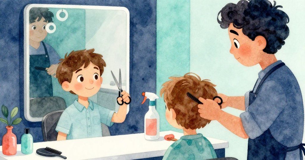 從山姆視角看見狀元精心準備剪刀與梳子，山姆眼中流露期待與些微緊張，背景呈現溫暖美髮站。