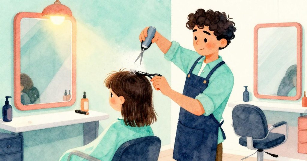 狀元動作敏捷地剪髮，剪刀閃爍中噴霧漂浮，展現專注技藝與動態轉變，環境充滿活力。