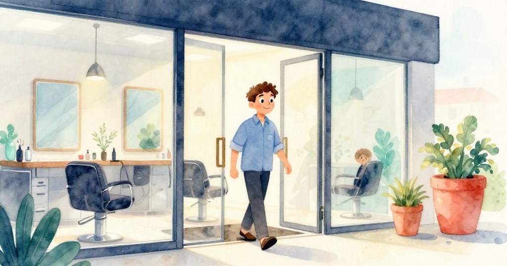 山姆從沙龍走出，金色夕陽灑在濕髮上，他微笑著展現輕盈新生，步伐堅定，環境光影交織出未來希望。