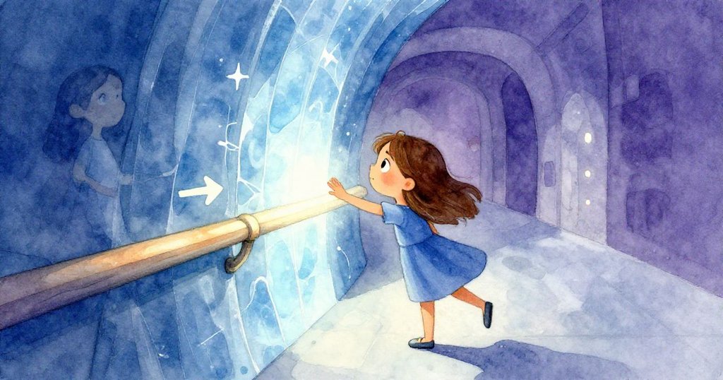 娜迪婭走進冰藍光芒的走廊，伸手觸摸溫暖扶手，神情中充滿期待與好奇，場景展現清晨氛圍。