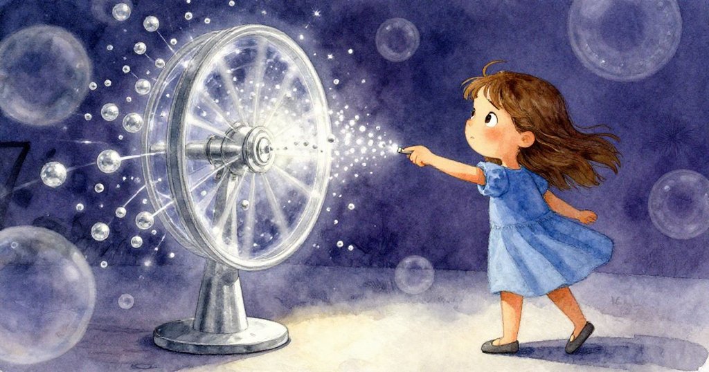 娜迪婭注視玻璃後轉動的泡輪，銀珠緩緩上升，她手旁擺放素描本，動作充滿驚奇與準備記錄。