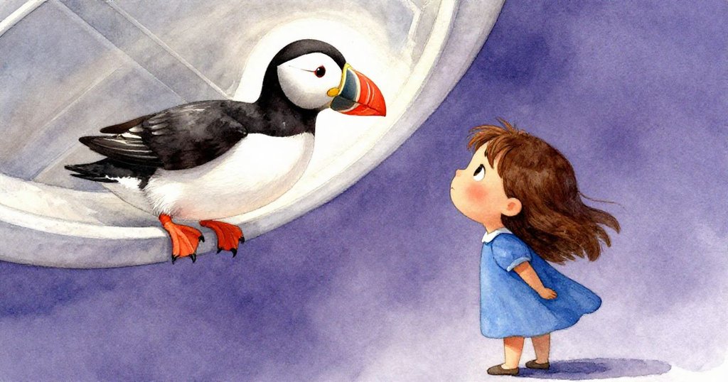 娜迪婭抬頭注視曲線天花板上永久棲息的玻纖海雀，其彩繪羽毛透出變幻光影，她流露出好奇與驚奇。