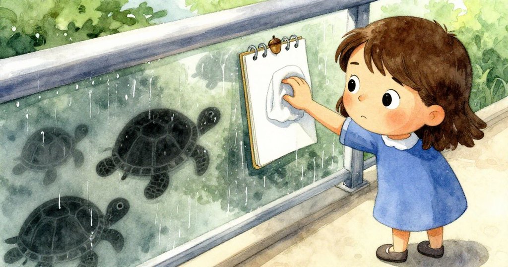 娜迪婭用袖子輕拭玻璃上凝露，露出模糊中烏龜的剪影，她用橡果固定素描本，動作專注而溫柔。