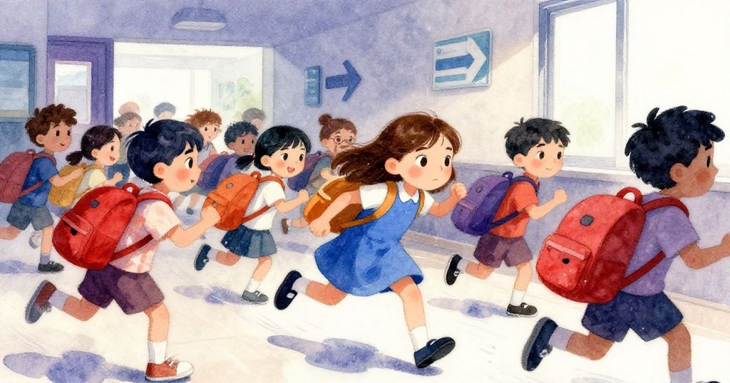 娜迪婭在走廊中被一群背著鮮豔書包的學生推擠，動作急促而顯焦急，背景充滿方向標記和動感。