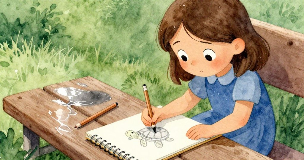 娜迪婭在出口邊完成烏龜草圖，臉上露出滿足神情，她把鉛筆放在濕潤長椅上，背景柔和呈現結局氛圍。