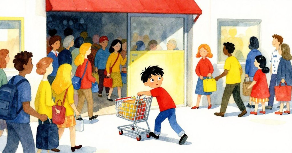 在超市入口，Zane推著購物車穿過擁擠的人群，臉上充滿決心與期待，場景充滿活力與鮮豔色彩。