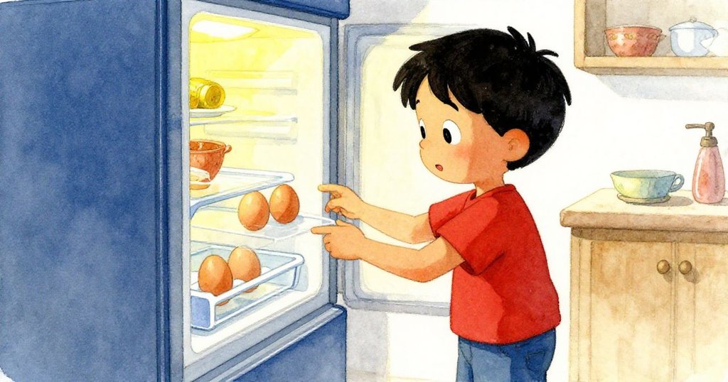 在溫馨的廚房中，Zane仔細檢查冰箱托盤上僅有的三顆蛋，神情充滿疑惑與期待，散發著家庭早晨氣息。