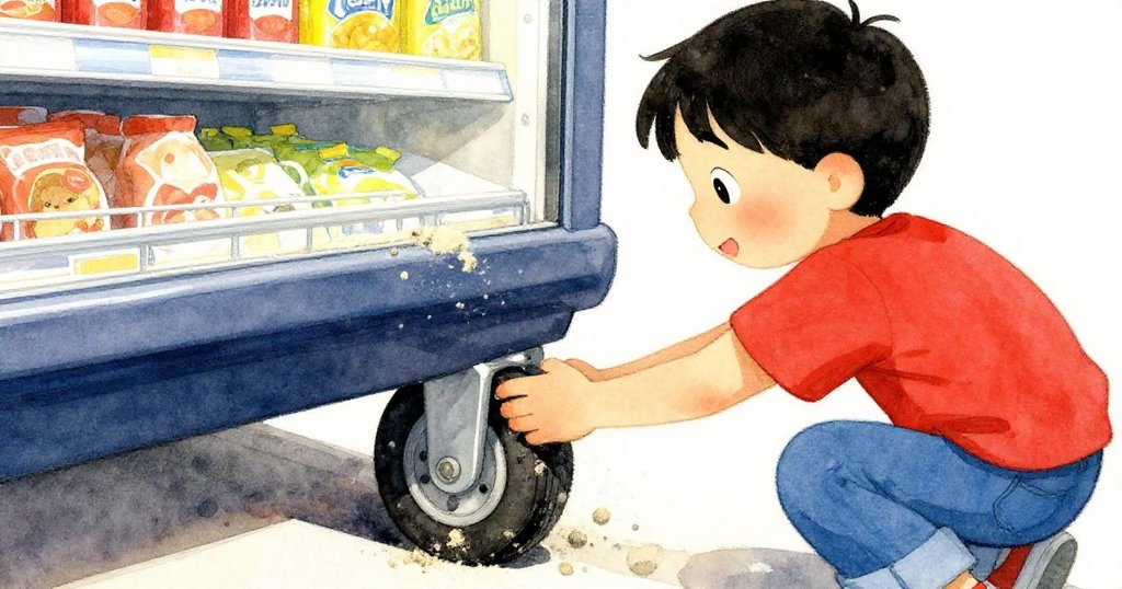 在超市裡，Zane跪下仔細查看卡住且積滿灰塵的購物車輪子，神情中透露出擔心與好奇，細節豐富。