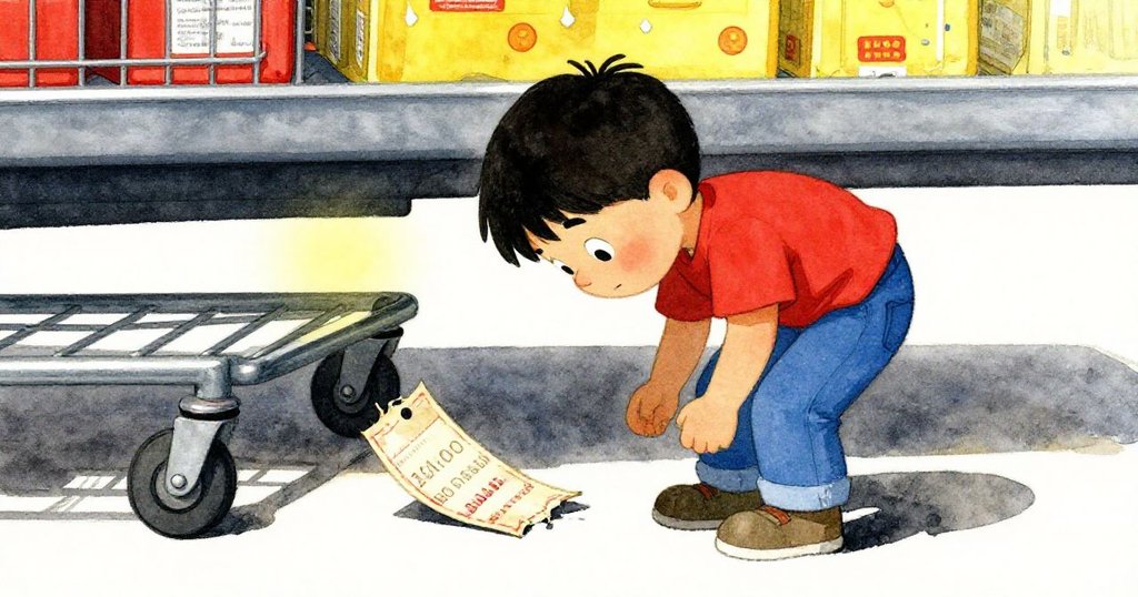 Zane彎腰探查購物車底部，手觸及塵埃覆蓋的價格縫隙中隱藏的優惠券，場景透露著神秘與發現的興奮。