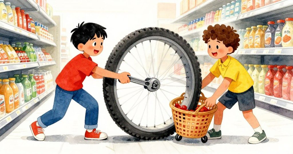 在超市裡，Zane與Rafe齊心協力調整購物車輪子，Rafe拿著工具動作專注，兩人展現出團隊合作與決心。