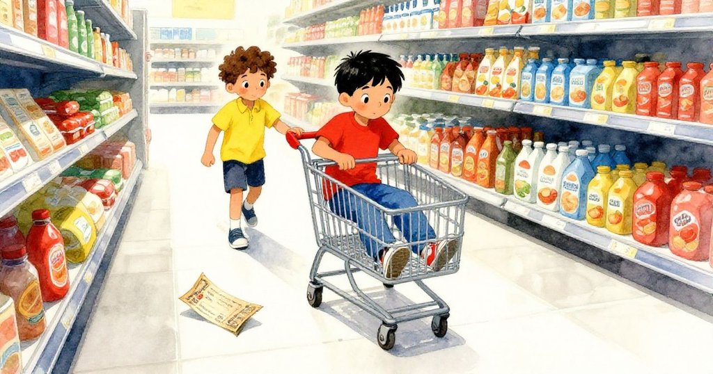 在超市走道，Zane與Rafe目送購物車輪子順利運行，隨著一張塵封優惠券輕舞落地，場景洋溢神秘與解決後的寧靜。