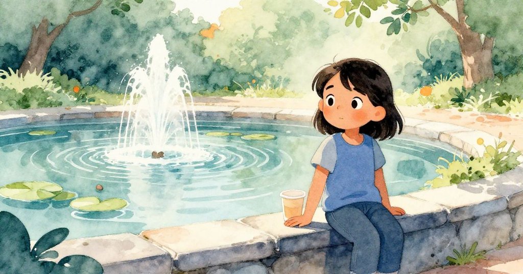 橄欖站在石欄邊，手握紙杯準備投入水中，公園晨光溫柔灑落，充滿平靜期待的氣氛。