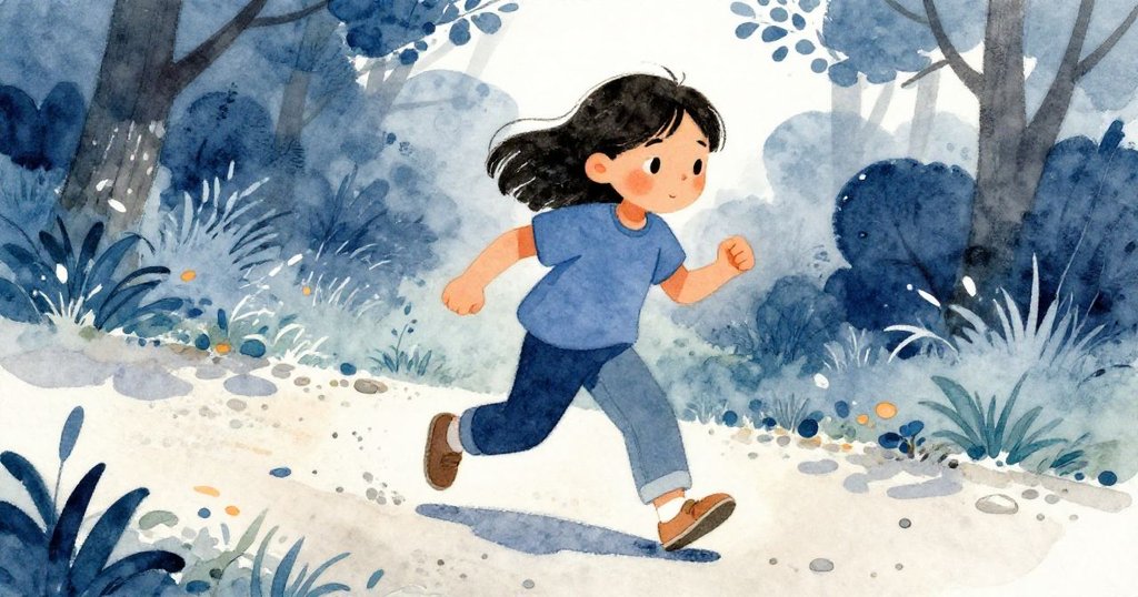 橄欖沿著石子路輕快前行，專注準備投擲水珠，腳印在路面留下溫柔印記，動作自然流暢。