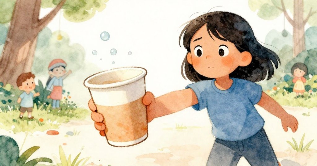 橄欖的手緊握紙杯，水珠在空中飛舞，背景隱約顯示公園綠意，層次豐富表現動作細節。