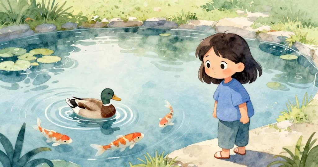 公園池塘的水面隨光影變化，橄欖注視著鴨子嬉水與錦鯉閃動，生動景象展現時光流轉。