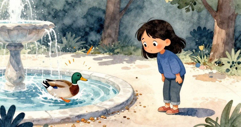 橄欖專注投擲時驚見鴨子突入水面激起漣漪，水珠四散，神情緊張充滿懸念。