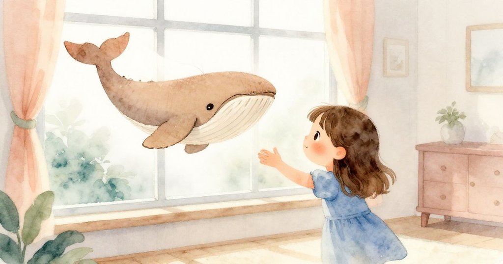Gwen在晨霧中輕觸白布，背景隱約有兄弟身影，紙板鯨隨風搖曳，室內充滿溫柔光線。
