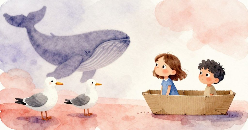 Gwen與Orson同時調整紙板鯨與海鷗，陰影與細節並現，窗外雲影交錯，室內充滿變化光影。