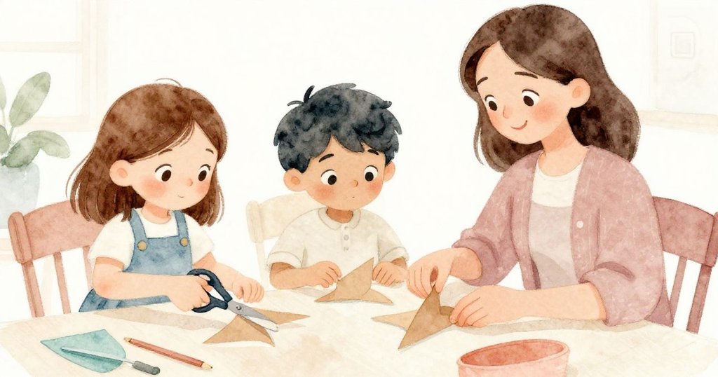 Dinah在工作台上用剪刀剪裁紙板鰭，Gwen與Orson忙著遞送材料，室內充滿協作與溫馨氣氛。