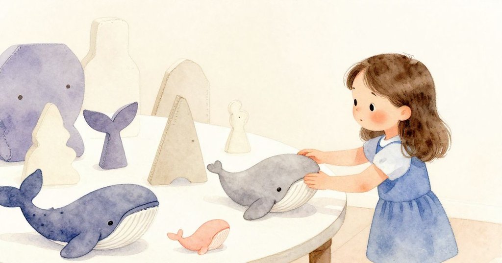 故事尾聲，Gwen輕柔調整紙板鯨，桌上形狀已清晰，四周彌漫寧靜溫馨光線，氣氛安詳。