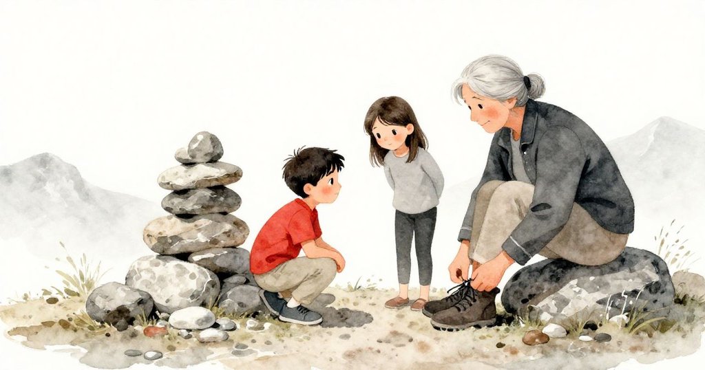 Ben 蹲在山頂檢查石堆，Suki 靜聽風音，Aunt Ilsa 在旁繫鞋帶，山巒柔光背景展現寧靜尋寶情景。