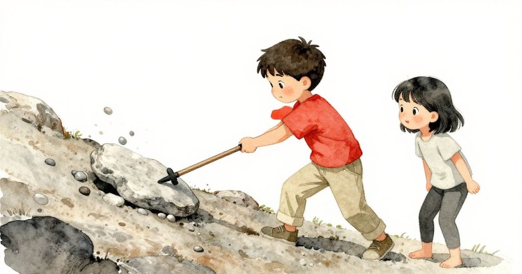 Ben 使用登山杖撬起碎石，Suki 專注觀看，石塊表面細節豐富，岩坡上灰塵與卵石交織呈現自然互動情境。