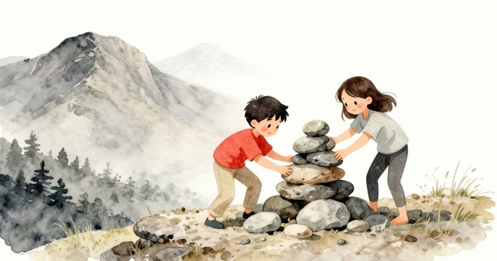 Ben 與 Suki 合作堆疊石塊，岩石層次分明，山坡背景立體浮現，風中石柱搖晃令人緊張期待。