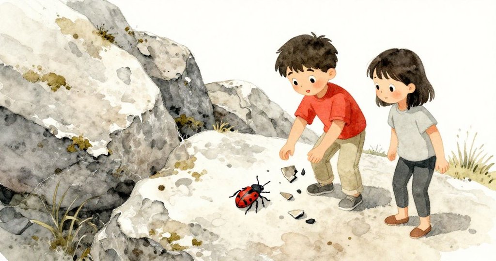 Ben 與 Suki 聚集散落石塊，乾苔剝落，細小甲蟲匆忙掠過，山坡環境細緻生動呈現變化瞬間。