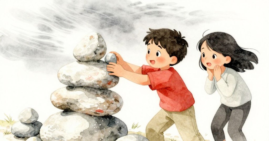 Ben 精準放置楔形小石，Suki 露出欣慰微笑，鮮花色頂石緩緩落下，風中堆石穩固勝利情景躍然紙上。