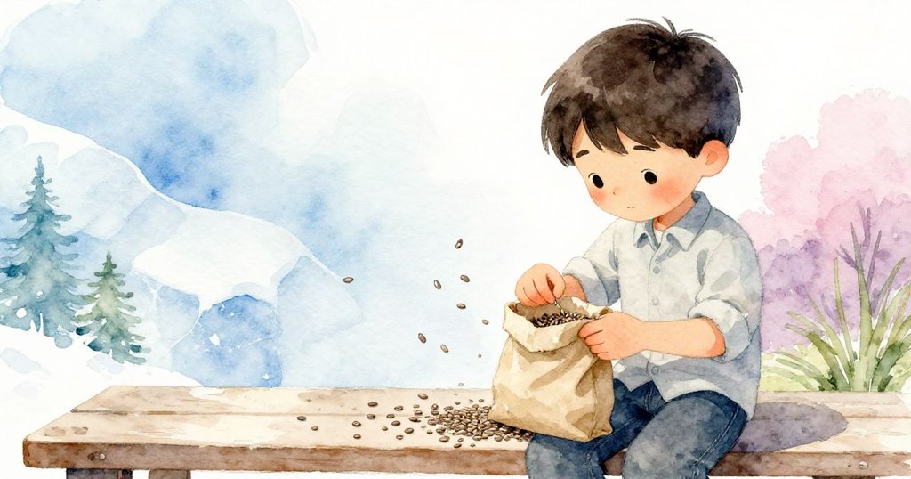 Emmet專注修補破損紙袋，細節清晰顯示散落種子與小滴漏，背景以雪白與銀灰色調呈現溫馨晨曦。