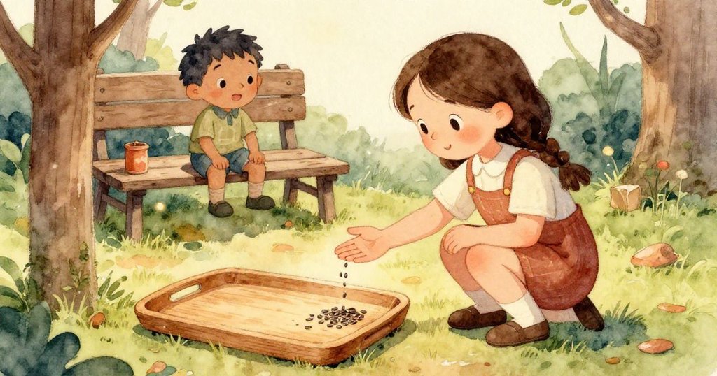 強風吹起種子形成雙線瀑布，小鳥與麻雀靜止觀望，充滿動感，風景採用冰藍與松綠色調，動態氣氛明顯。