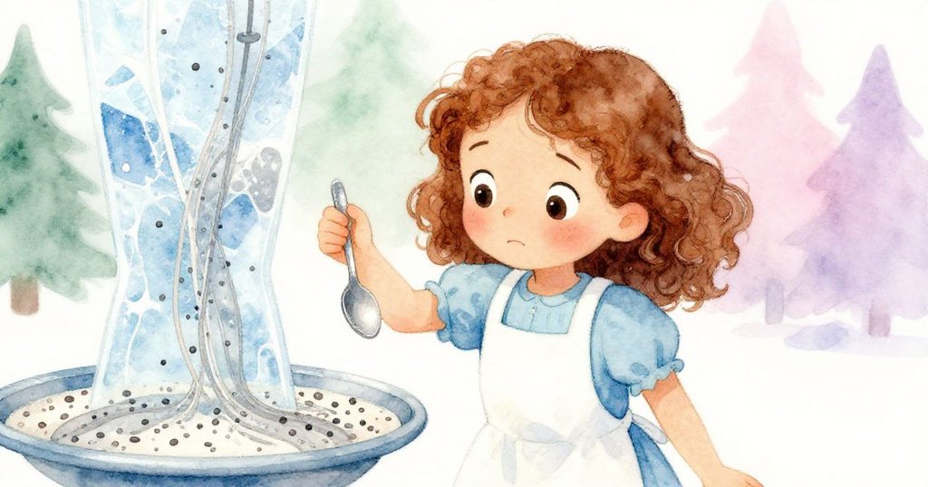 Mae舉起勺子停頓瞬間，臉上露出猶豫與緊張神情，背景映出淡粉與雪白溫柔光影交織。