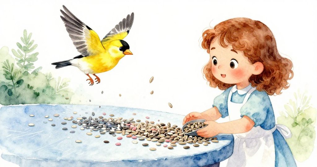 金翅鳥優雅降落，Mae重新專注倒播種子，平台上種子連成一線，洋溢著希望與活力的氛圍。