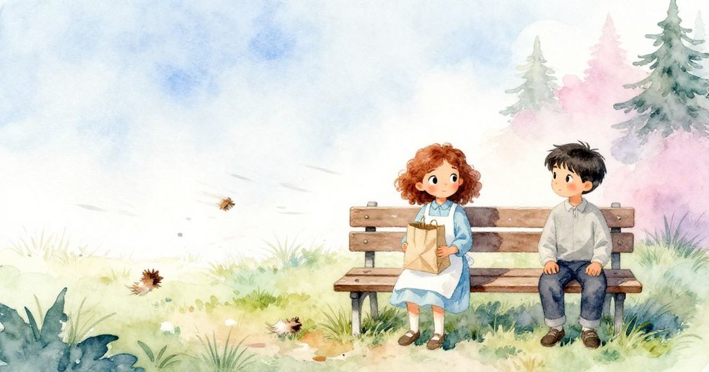 Mae提著空紙袋退回長椅，旁邊Emmet默看，散落的穀殼隨風起舞，背景呈現雪白與冰藍柔和續篇氛圍。