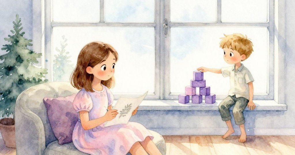 在柔和晨光中，Fern拿著筆記本站在窗邊，Soren在窗台上小心堆放紫色積木，房間溫馨且充滿期待。