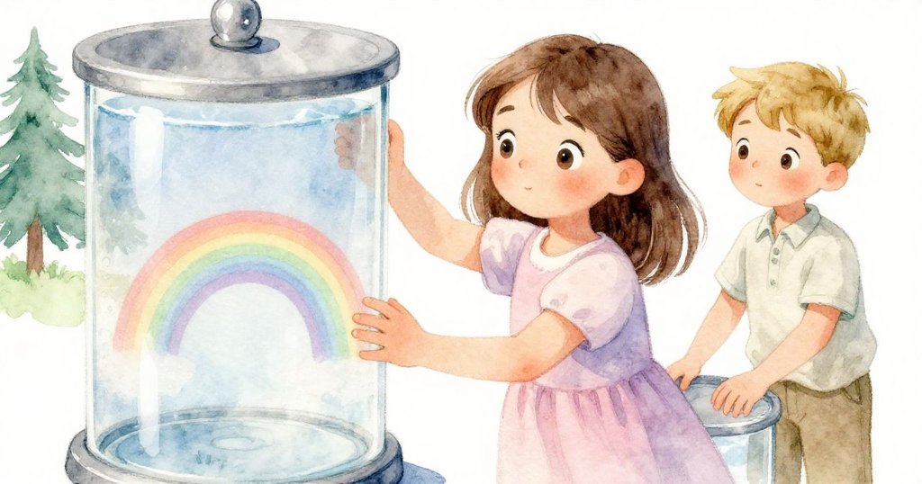 Fern輕舉玻璃筒讓彩虹漸現於筆記本上，Soren在旁輕推調整，柔和光線映出專注與溫柔的情緒。