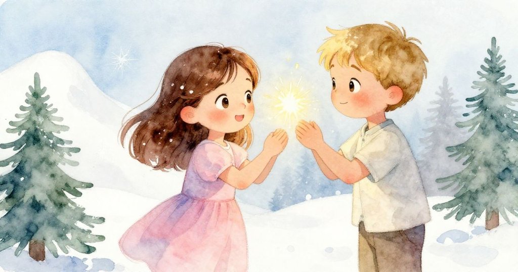 透過視角可見Fern與Soren手腕輕觸，光斑在他們臉上閃爍，呈現驚喜與相互連結的溫馨畫面。