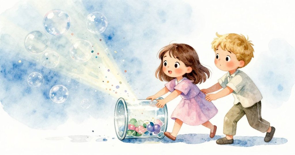 Fern與Soren精心移動玻璃筒，一顆氣泡穿越光束打破彩虹，輕快火花映照他們專注又愉悅的臉龐。